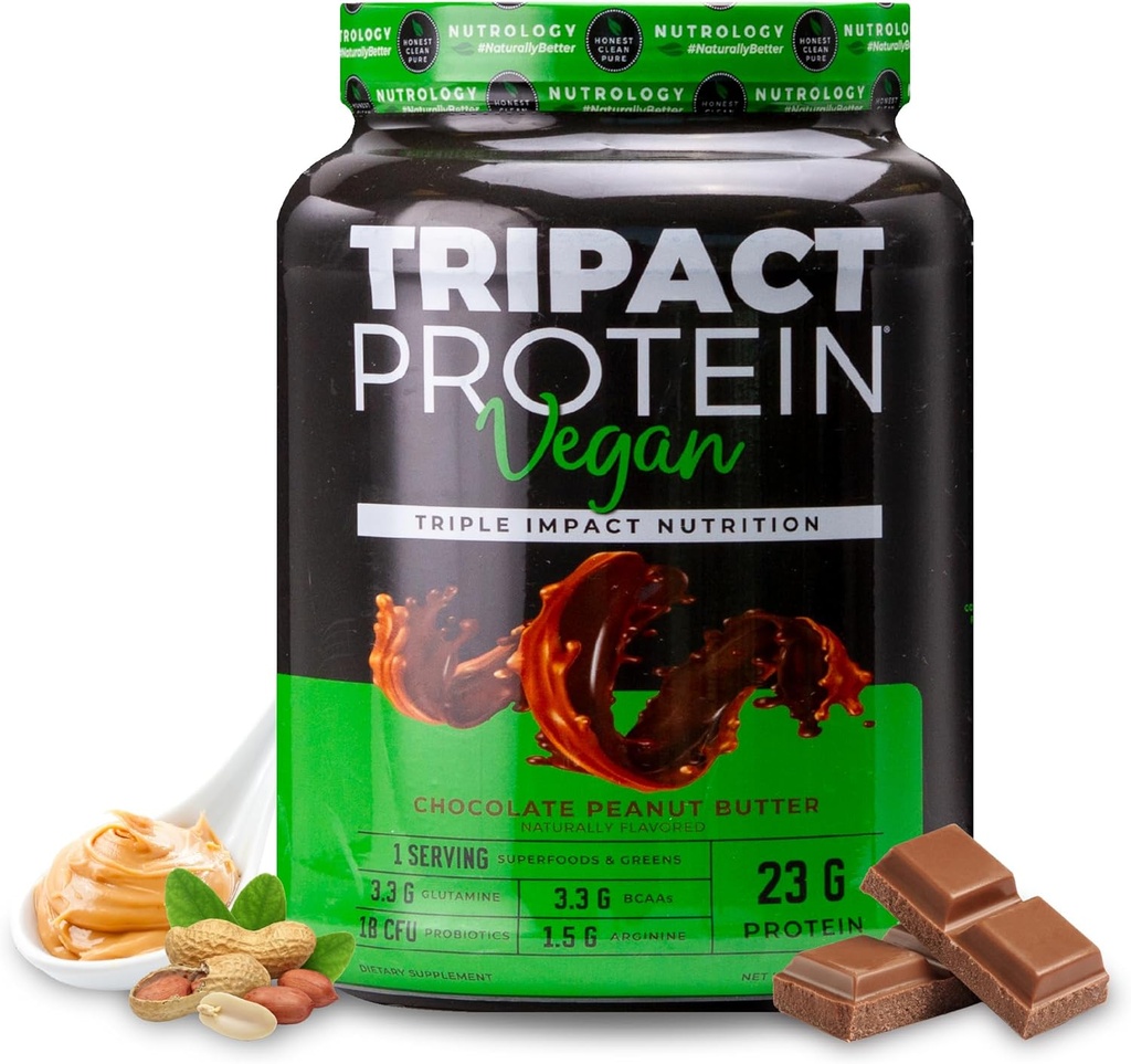 TRIPACT de Nutrología Polvo de proteína vegano - Pétalo orgánico, arroz " Proteína de calabaza, BCAAs " Glutamina Planta de sustitución de las sacudidas para la recuperación muscular " , mantequilla de maní de chocolate, 20 piezas