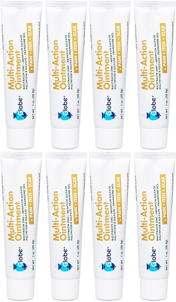 Globe Multi-Action Ointment ← Pain-Relieve antibiótico, Anti-Itch, & Scar Minimizer ← Primera ayuda Ungüento con Neomycin, Bacitracin, Pramoxine HCl & Polymyxin B sueño Treats Minor Cuts, Scrapes & Burns (8)