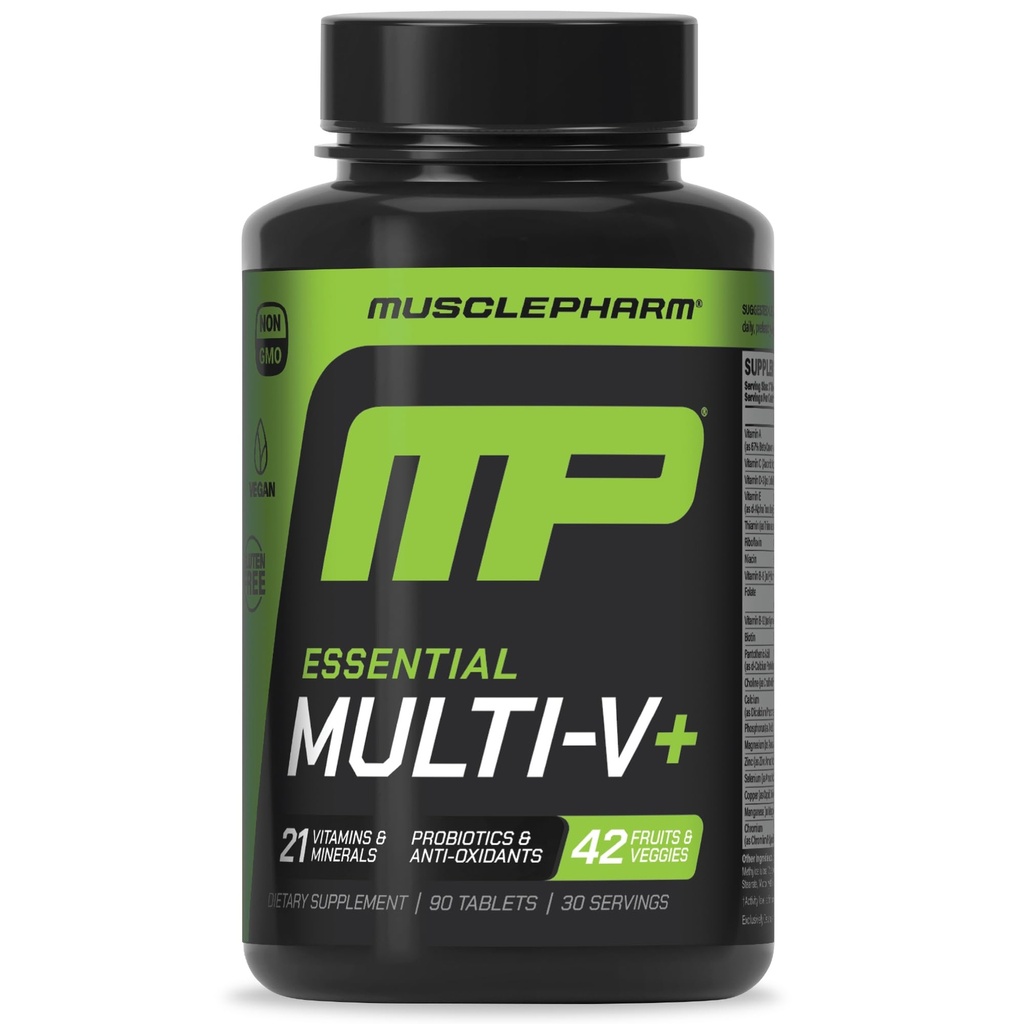 Muscle Pharm Essentials Multi-V+, The Athlete's Multi-Vitamin, Enhanced Energy, Performance & Immune Health, Daily Multivitamin for Men &amp; Women with Minerals Plus Probiotics, 90 Tablets, 30 Servings