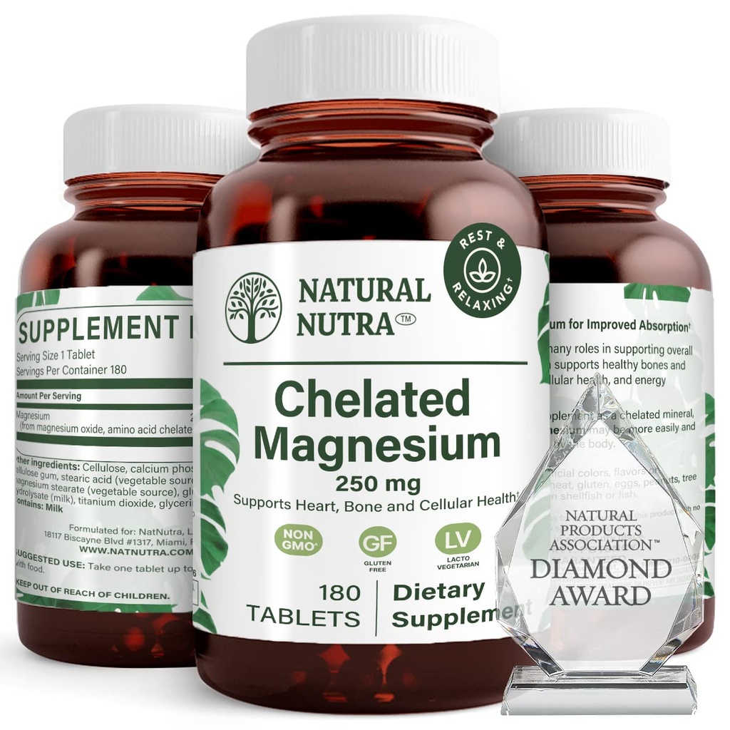 Oxido de magnesio nutra natural 250 mg - Alta absorción para huesos fuertes, salud cardíaca, salud dental, energía eléctrica, libre de gluten, no transgénico, 180 tabletas en botellas de vidrio reciclable libres de BPA