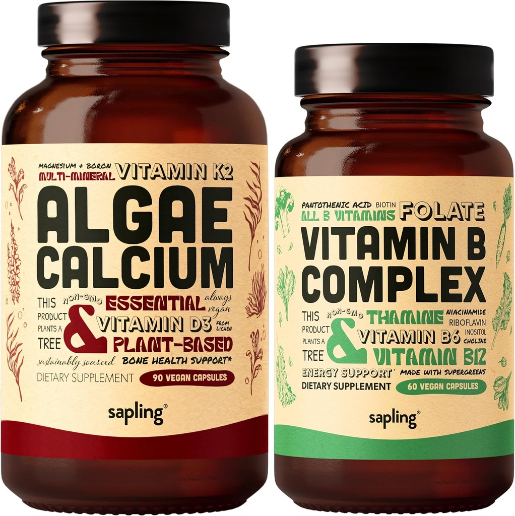 Algae Calcium & Vegan Vitamin B Complex Bundle - Suplemento de calcio de Algas Rojas, Vitaminas B Esenciales con Alimento Integral Blend, B1, B2, B3, B6, B7, Folate