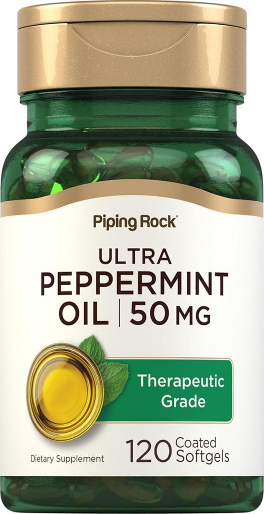 Piping Rock Peppermint Oil Softgel Capsules Silencio 50mg Silencio 120 Píldoras Silencio Terapéutica Grado Extracto Silencioso No GMO, Gluten Suplemento Gratis