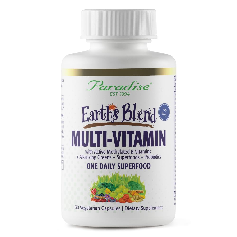 Herbs del Paraíso Tierra's Blend Una vez Multivitamínico diario para hombres, No hierro, 48 Superalimentos orgánicos, Probióticos, Antioxidantes, Vitaminas A, B12, C, D, K2, 30 Cuenta