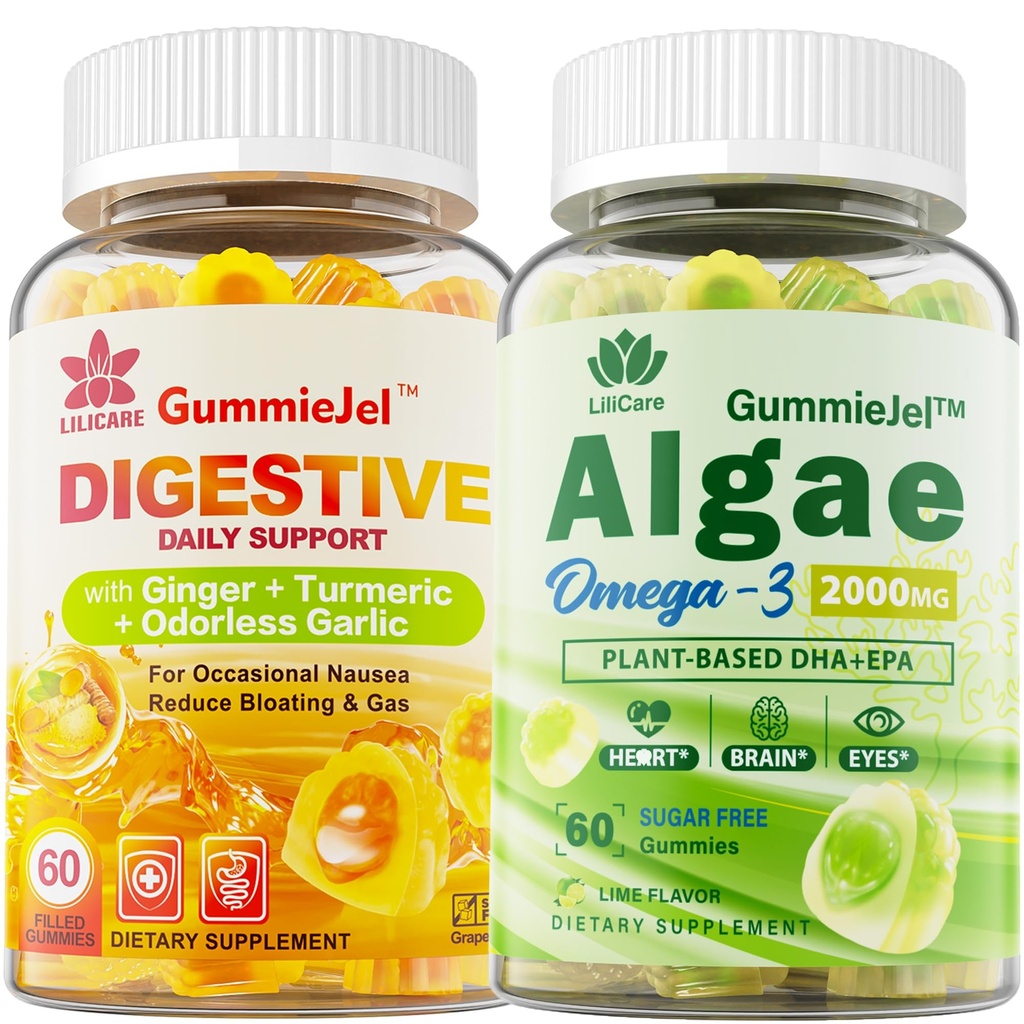 LILICARE Sugar Free Omega 3 Fatty Acid 2000mg Con 640mg DHA &amp; 290mg EPA, Multivitamin, CoQ10, Astaxanthin + Ginger Filled Gummies for Nausea - Stomach Relief - Ultra Absorción para soporte digestivo