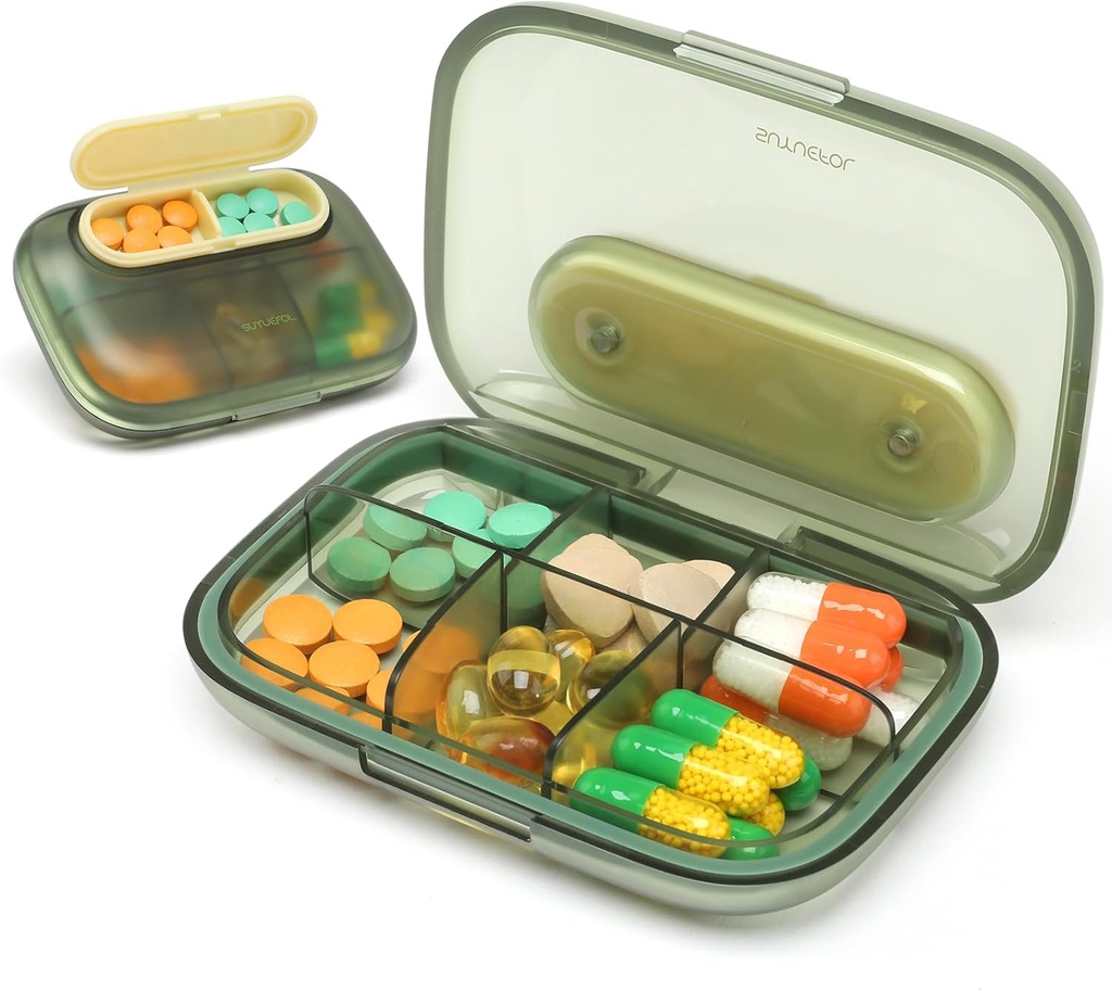 Toplive 6 Compartments Funda pequeña para pilas Organizador de píldoras Pocket Medication Travel Case Portable Small Pill Container with Magnet Light-Proof Mini Pill Box, Green