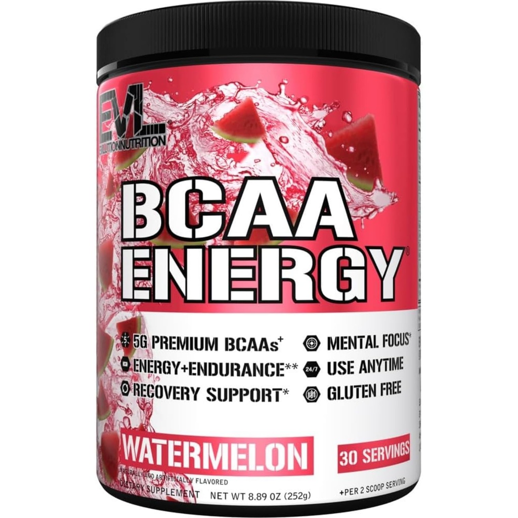 EVL BCAAs Amino Acids Powder - BCAA Energy Pre Workout Powder para la recuperación muscular Crecimiento y resistencia - Rehidratación Post Recuperación Bebida con Caffeine Natural - Watermelon
