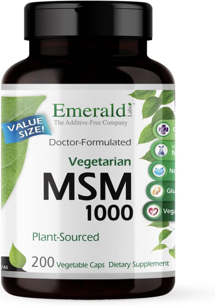 EMERALD LABS MSM 1000mg - Suplemento de Apoyo Conjunto, Hígado e Inmuno con Methylsulfonylmethane - Sin gluten & Additive-Free - 200 Cápsulas vegetales (hasta 100 días de suministro)