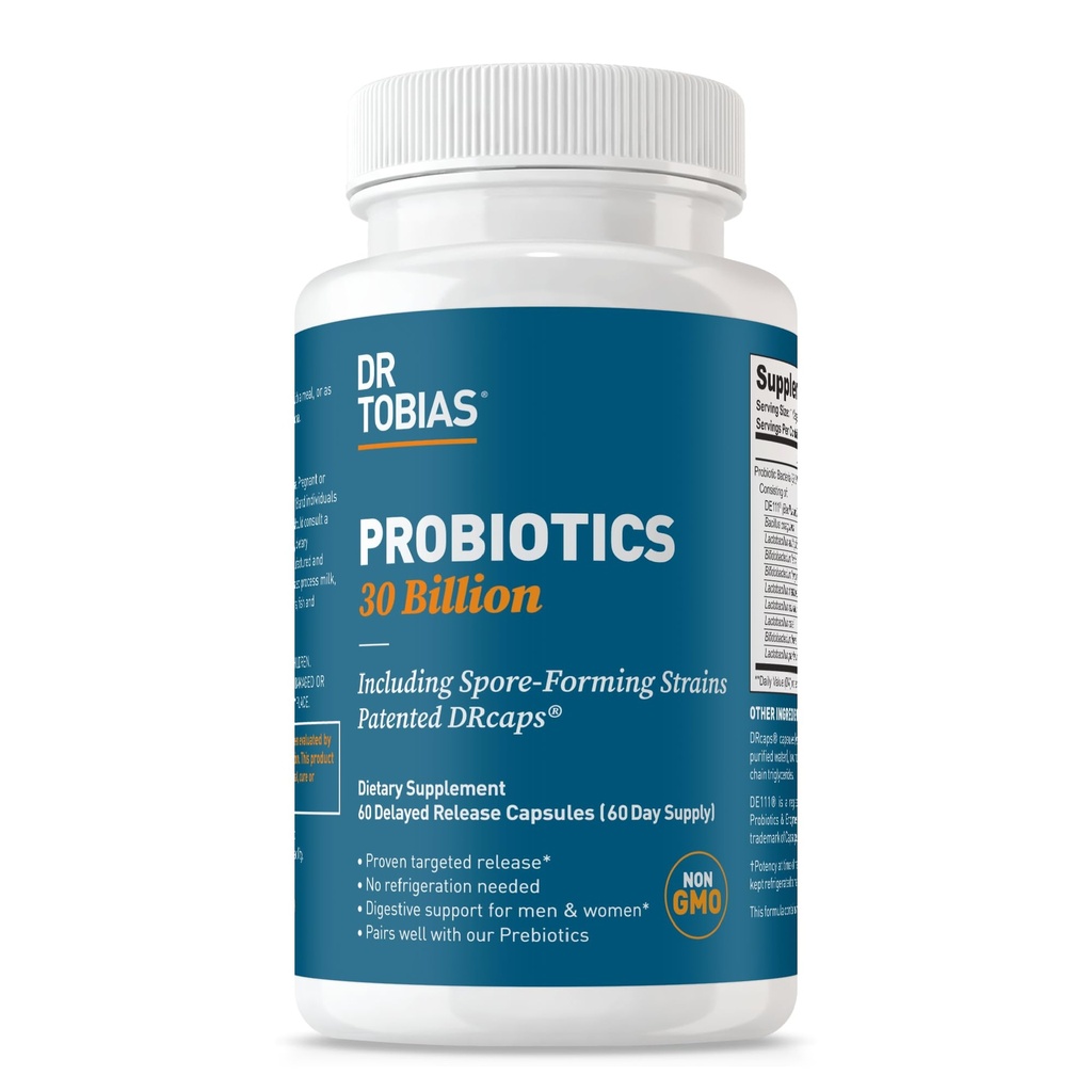 Dr. Tobias Probióticos 30 Billones, 10 Strains, 30 Billion CFU's, Probióticos de liberación dirigida para hombres de mujeres, apoya la salud digestiva, estante estable, no GMO, 60 cápsulas, 60 servicios