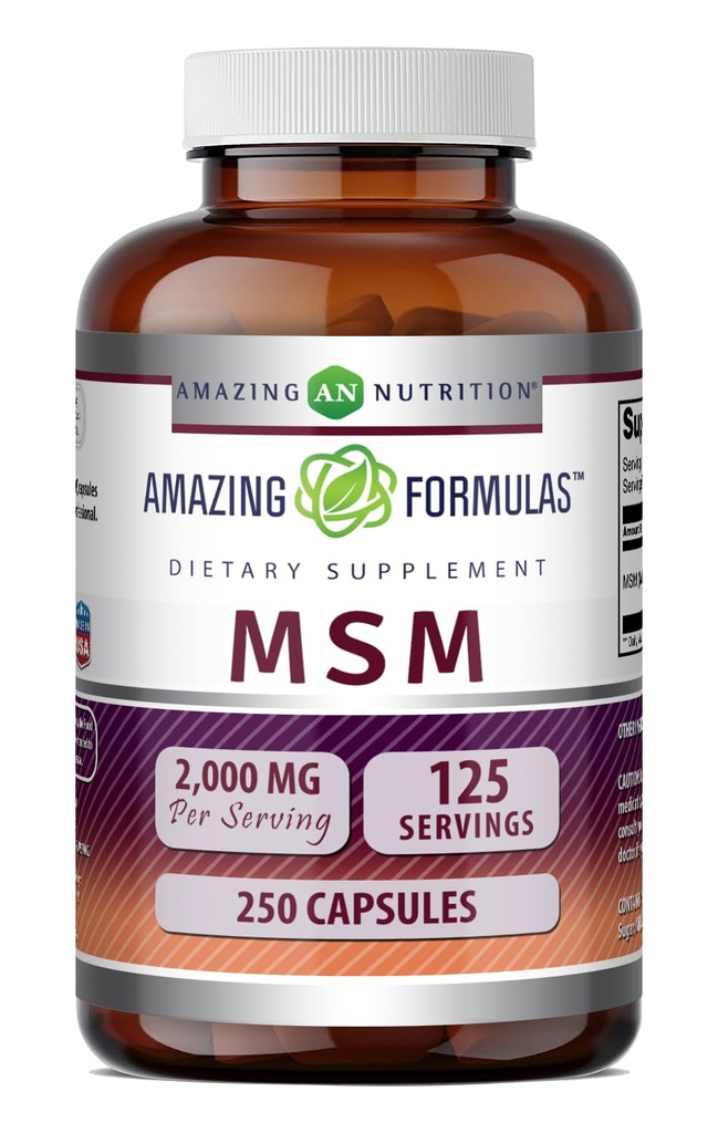 Fórmulas increíbles MSM (Methylsulfonylmethane) Suplemento Silencio 2000 Mg Per Serving Silencio Capsules Silencio No-GMO Silencio Gluten Free ← Made in USA (1 Pack, 250 Count)