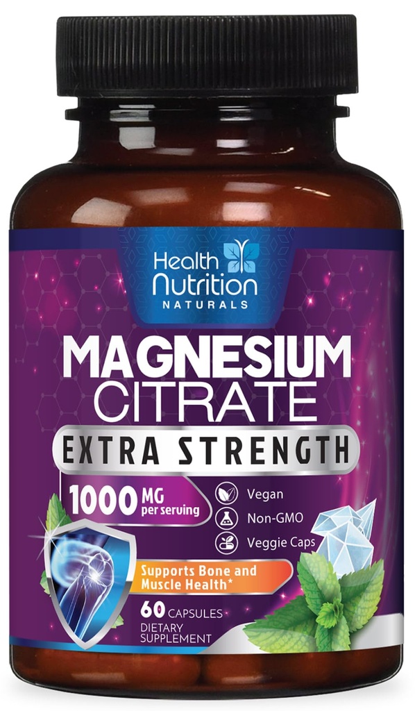 Capsules de Citrato de Magnesio 1000mg - Max Absorption Magnesium Powder for Muscle, Nerve, Bone and Heart Health Support, Complejo de Citrato de Alta Absorción, Gluten Free, Non-GMO - 60 cápsulas