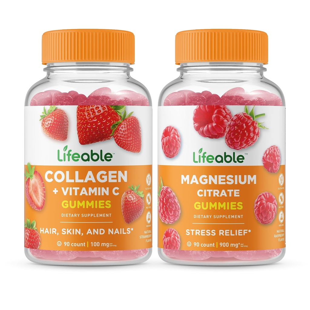 Collagen Lifeable &amp; Vitamina C + Magnesium, Gummies Bundle - Gran Tasting, Suplemento de vitaminas, Gluten Free, GMO Gratis, Chewable Gummy