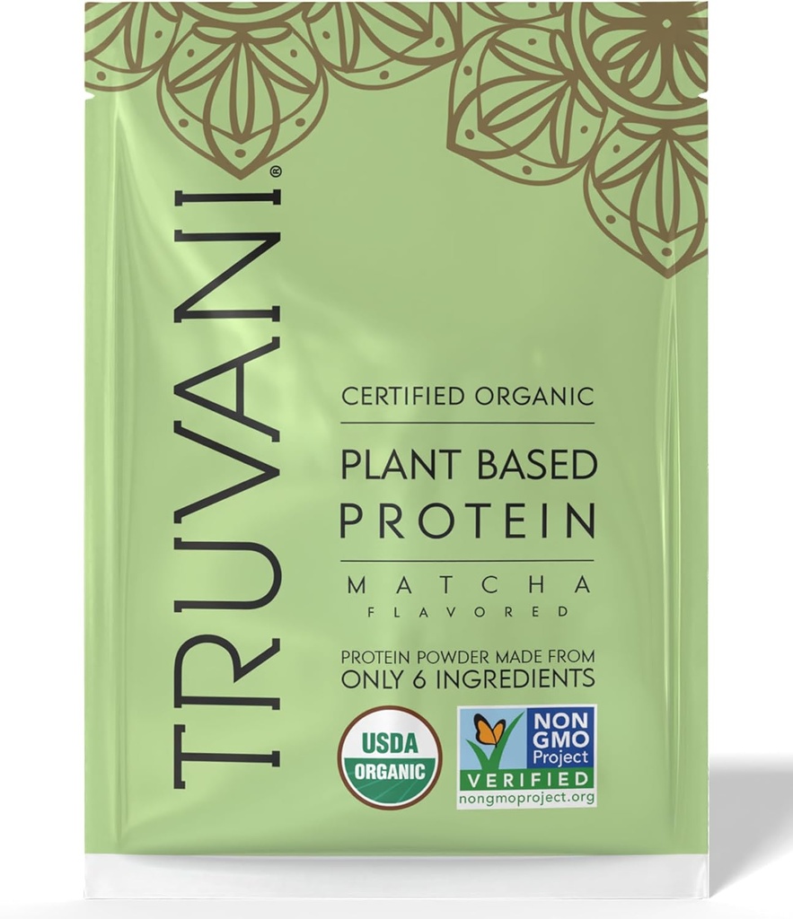 Truvani Vegan Pea Protein Powder ← Matcha Silencio 20g Org Orgánica Proteína basada en plantas Silencio 1 Servir Silencio Keto Silencio Gluten & Dairy Free Silencio Bajo Carb Silencio No Añadido Sugar