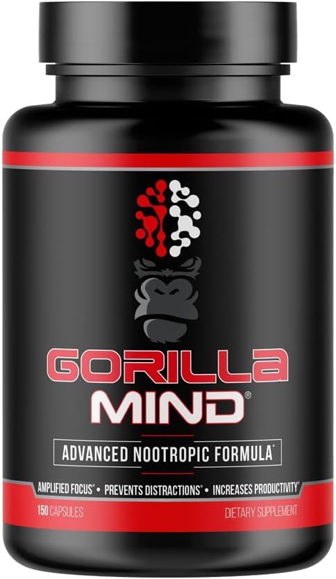 Fórmula nootrópica Gorilla Mind (150 cápsulas) - Best Caffeinated Productivity Supplement / 8+ Horas de Focus and Energy