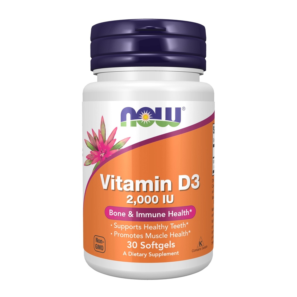 AHORA Suplementos de alimentos, vitamina D-3 2,000 UI, alta potencia, soporte estructural*, 30 Softgels