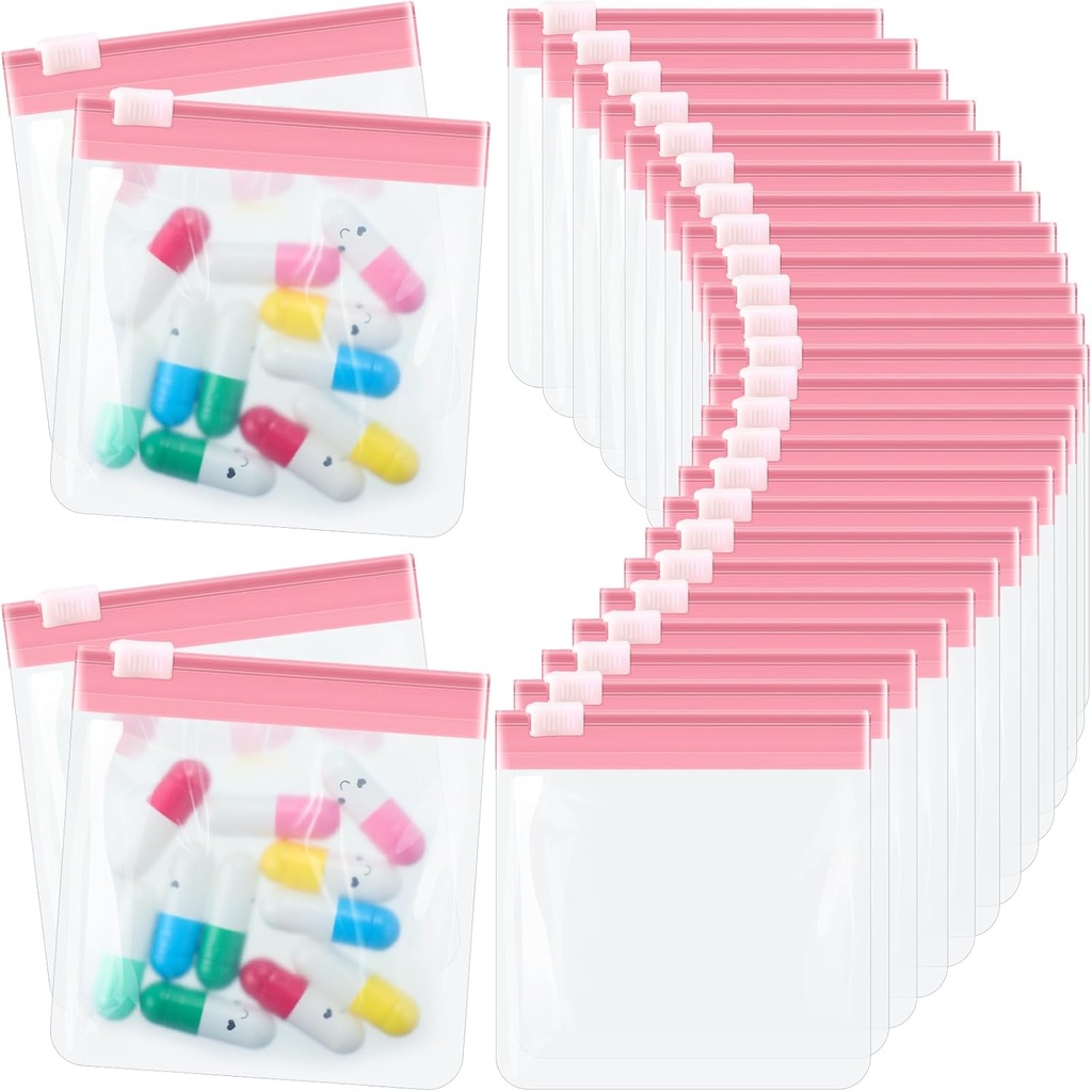 24 piezas bolsas de bolsas de bolsas de píldoras limpias Conjunto de píldoras reutilizables Medicina Translúcida Organizador Self Sealing Medicine Bag Travel Bolsas de píldoras plásticas con rosca Cerradura de almohadas (Light Pink)