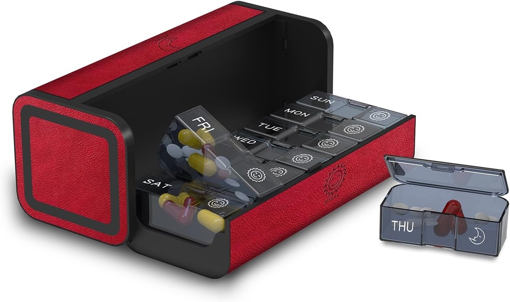 Pill Organizer 2 veces al día, Am Pm Twice Daily Pill Case, Detachable Large Travel Pill Box 7 Day, Weekly Pill Container for Vitamin Medicine Supplement Fish Oil (Red)