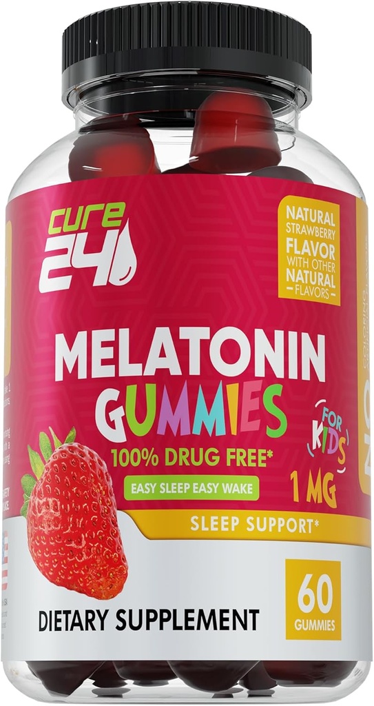 Niños Melatonin Gummy, eficaz 1MG Sleep Gummies Suplemento para niños 3+, libre de drogas, sabor a fresa afrutada natural, hecho en EE.UU.