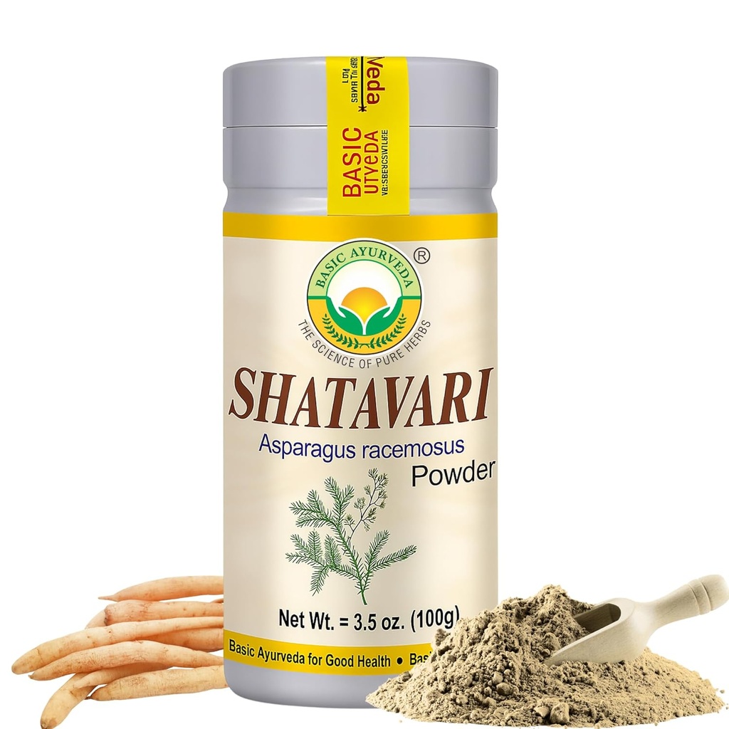 BASIC AYURVEDA Shatavari Powder 3.5 Oz (100g) Silencio 100% Natural Fundador de raíz basado en plantas Silencio Usado tradicionalmente en Ayurveda para el bienestar de las mujeres, la vitalidad & fuerza  No Additives ← Vegan " Gluten-Free