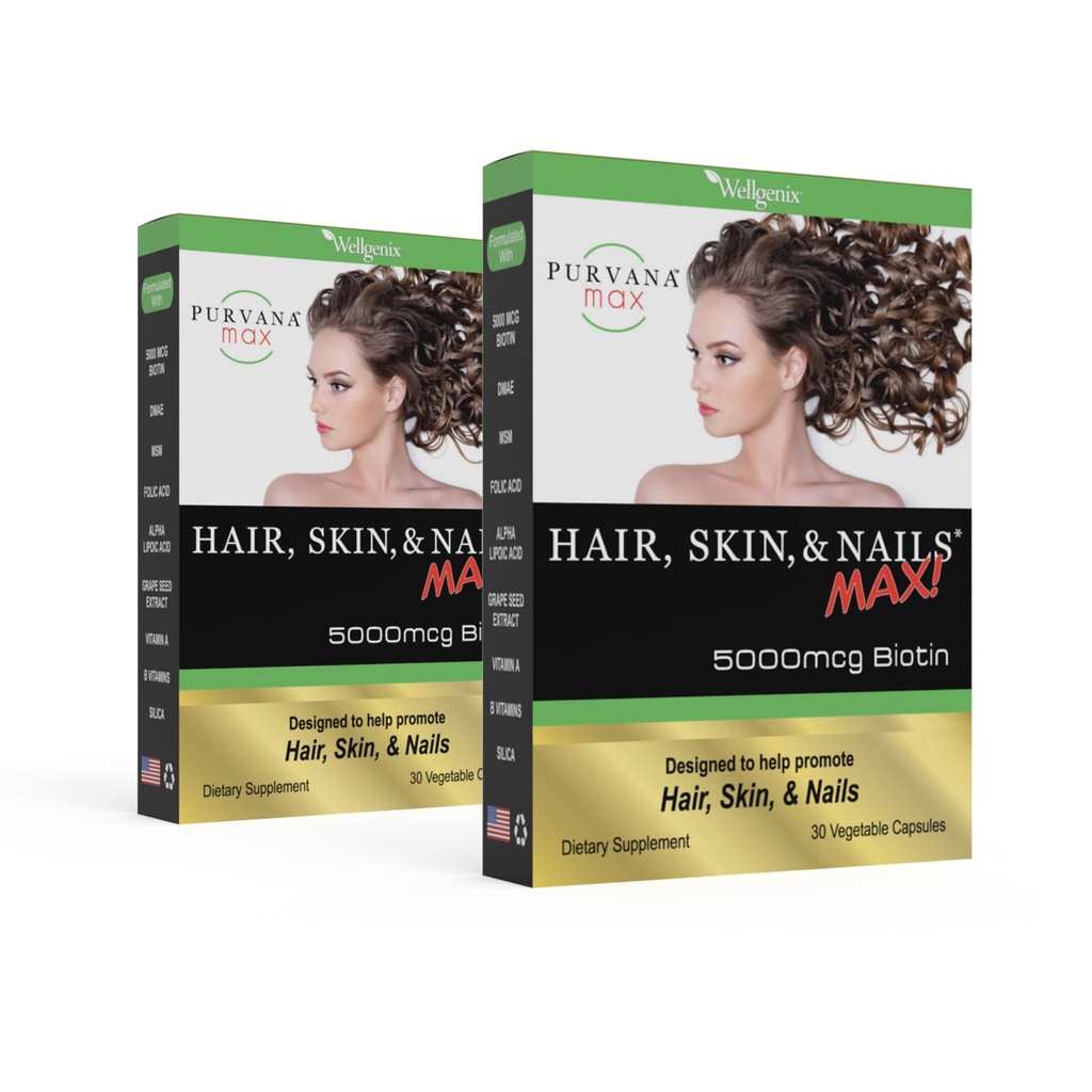 Purvana Max Hair, Skin y Nails Vitamina - 5000mcg Biotina, ácido fólico, DMAE, Extracto de semillas de uva - Un día de cabello vegano, piel, uñas Soporte - Promueve la producción de colágeno - 30 caps (Pack de 2)