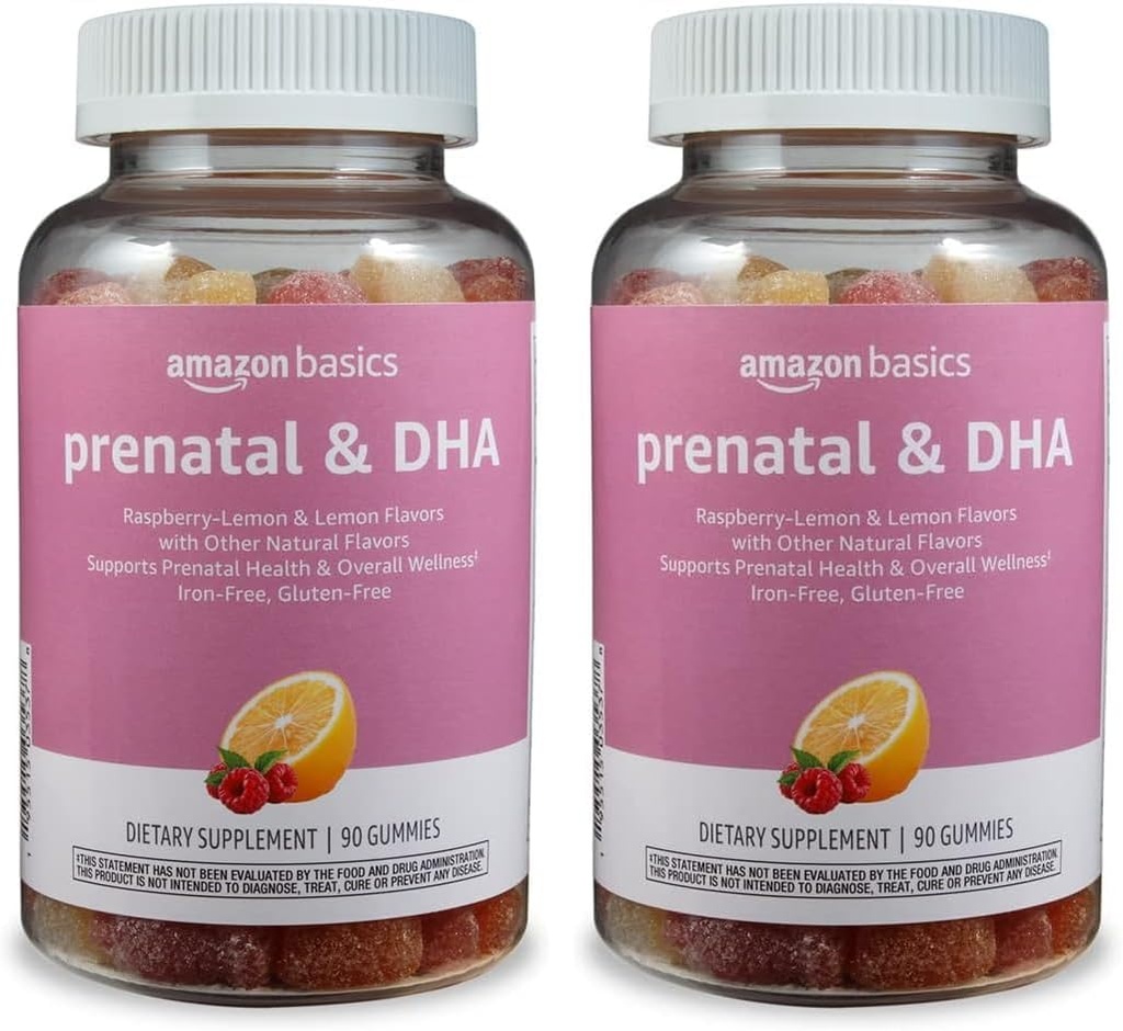 Amazon Basics Prenatal & DHA Gummy, Rasberry & Lemon Flavor, 90 Cuenta (antes Solimo) (Pack of 2)