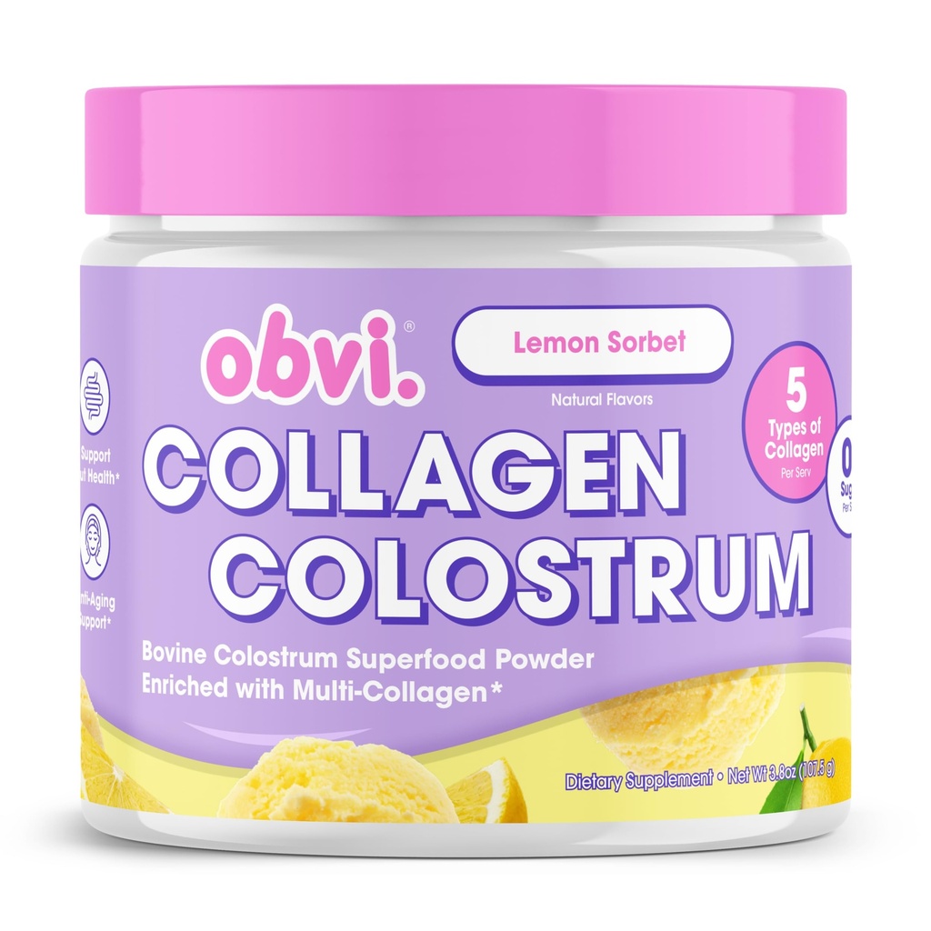 Obvi Collagen Peptide Colostrum Powder ¦ Multi-Collagen Peptides with Grass-Fed Bovine Colostrum ¦ Apoya Gut Health, Immune, Skin & Hair TEN Gluten-Free, Keto-Friendly TEN Lemon Sorbet, 30 Servimientos
