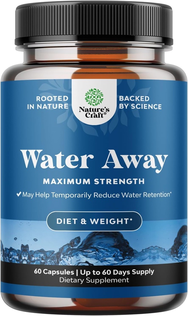 Water Away Herbal Diuretic Pills High Strength - Fluid Retention Supplement with Dandelion Leaf Extract " Green Tea for Bloating Relief for Women " Men - Capsules for Leg " Feet Swelling - 60 Count