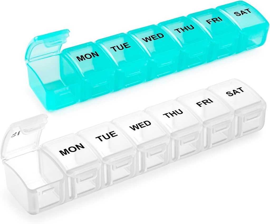 Pequeño organizador de píldoras 2 veces al día, 2 Pack 7 Day Pill Box 1 vez al día, Travel Friendly Day Night Vitamin Organizer, Weekly AM PM Pill Case Container