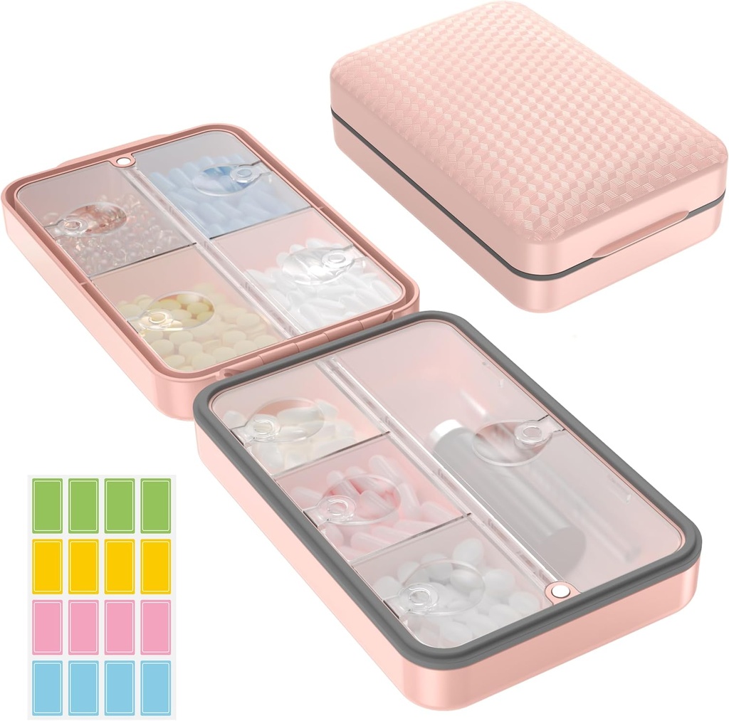 Restree Organizador semanal de píldoras, caja de proa de humedad magnética, caja de gran capacidad de viaje con tapa limpia interna para vitaminas, suplementos y medicamentos diarios 8 Compartimiento (Pink)