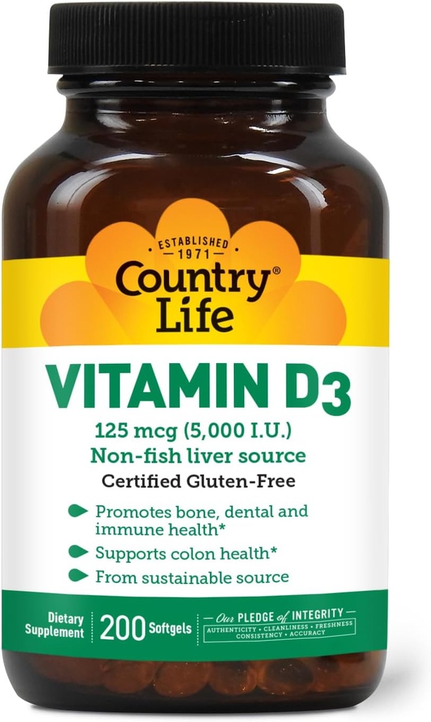 Vida País Vitamina D3 5000 UI para Salud Inmune y Hueso, Absorción de Calcio y Salud Colon - Fuente Sostenible de Lanolina, Disponible en Diversas Fuerza