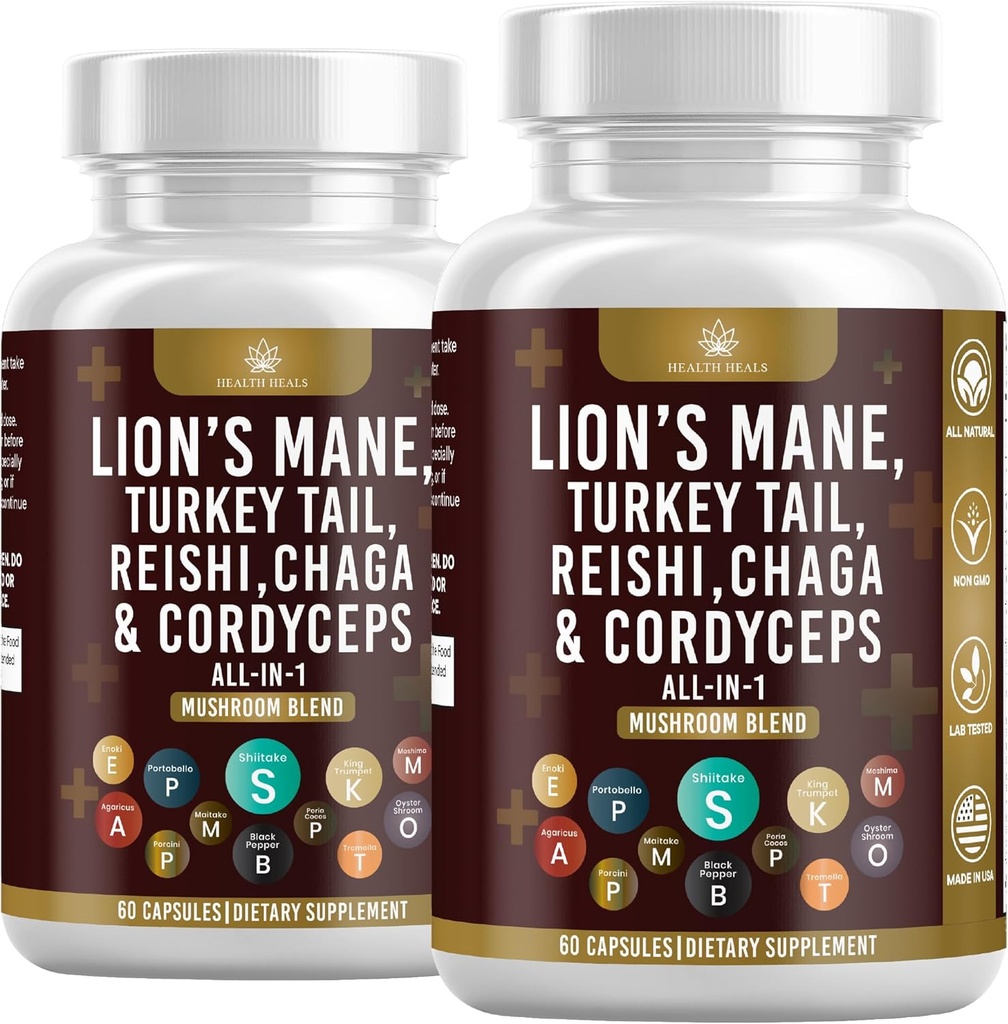 Mushroom Suplemento con Lion's Mane Turkey Tail Reishi Cordyceps Chaga Marshmallow Root - 120 Conde