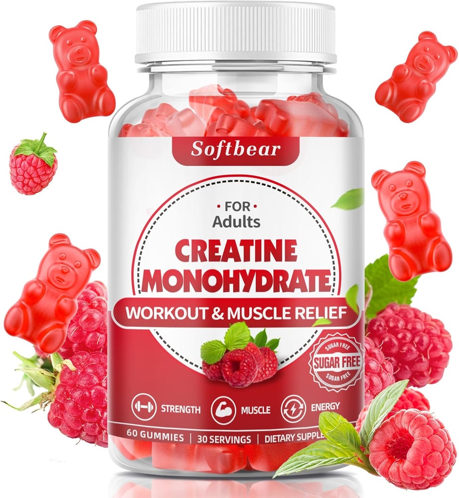 [BRSROCTYB57QK3Y4] softbear Cretina Monohydrate Gummies para Hombre Mujer, Vegan Creatine Suplemento 5000mg Creatine HCL Pre Workout Gummies para Muscle Builder Strength Raspberry Flavor 60 Conde