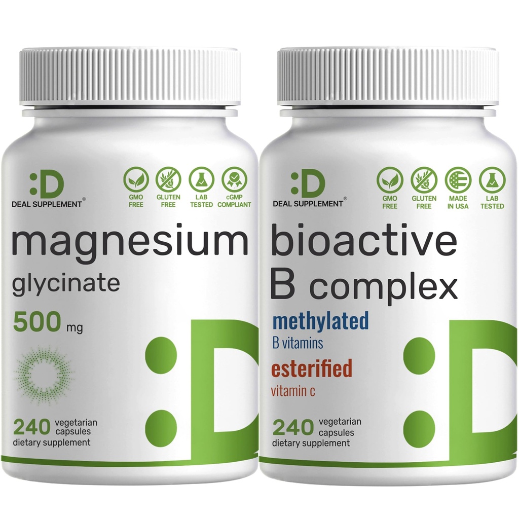 Magnesium Glycinate 500mg Veggie Capsules &amp; Bioactive Vitamin B Complex Bundle Pack – Easi Absorbed Chelated Mineral – Immune, Energy, & Metabolism Supplement
