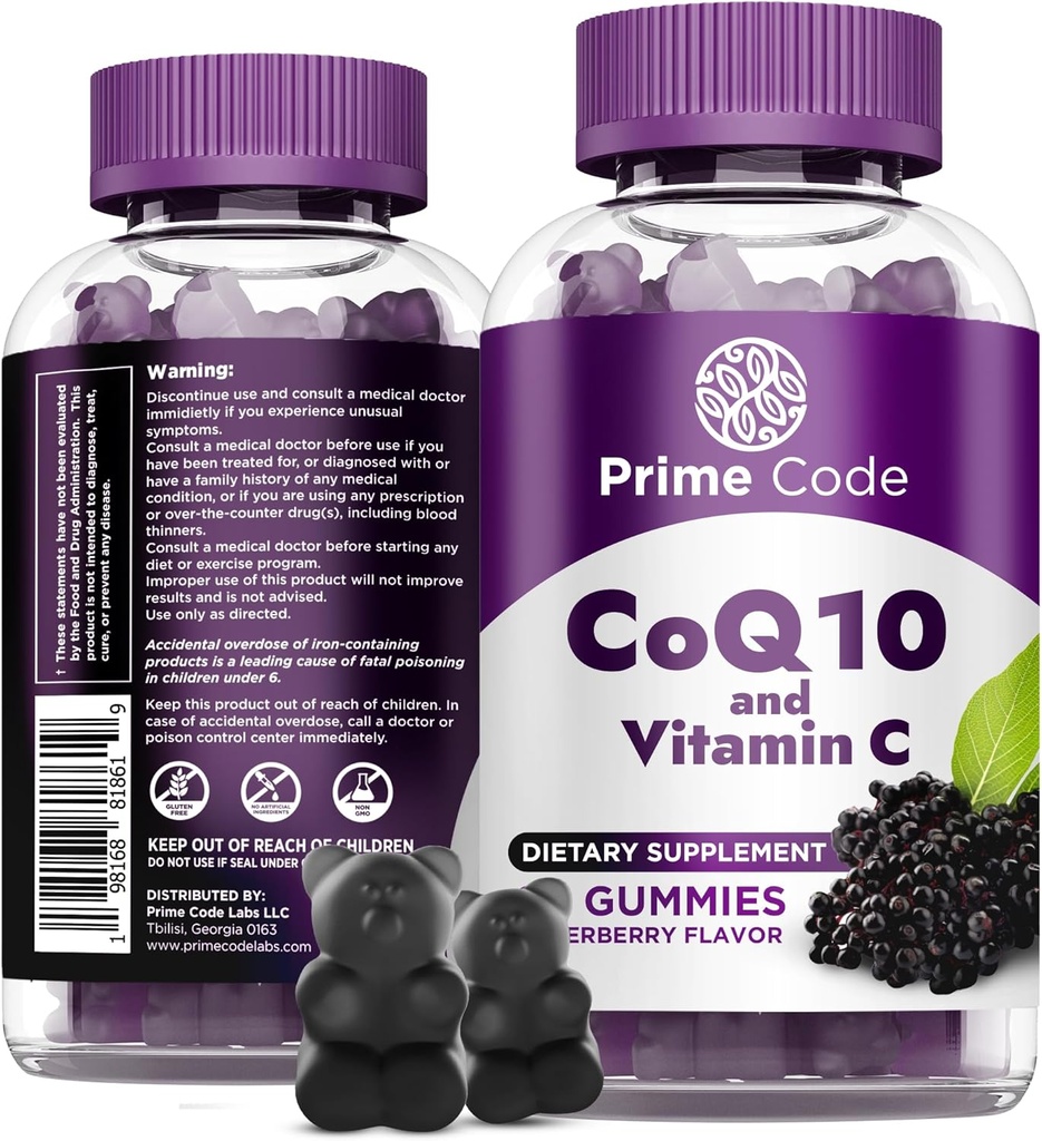 Prime Code CoQ10 200mg & Vitamina C 250mg Gummies – Antioxidante & Immune Support – Heart & Energy Supplement for Adults – Vegan, Non-GMO, Gluten-Free – Elderberry Flavor – 60 Gummies