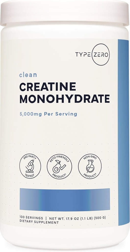 Tipo Zero Creatine Monohydrate (Unflavored tención 500g), 5000 mg Por Serving, Micronized, Zero Sugar, Keto Friendly & Gluten Free, 100 Servings