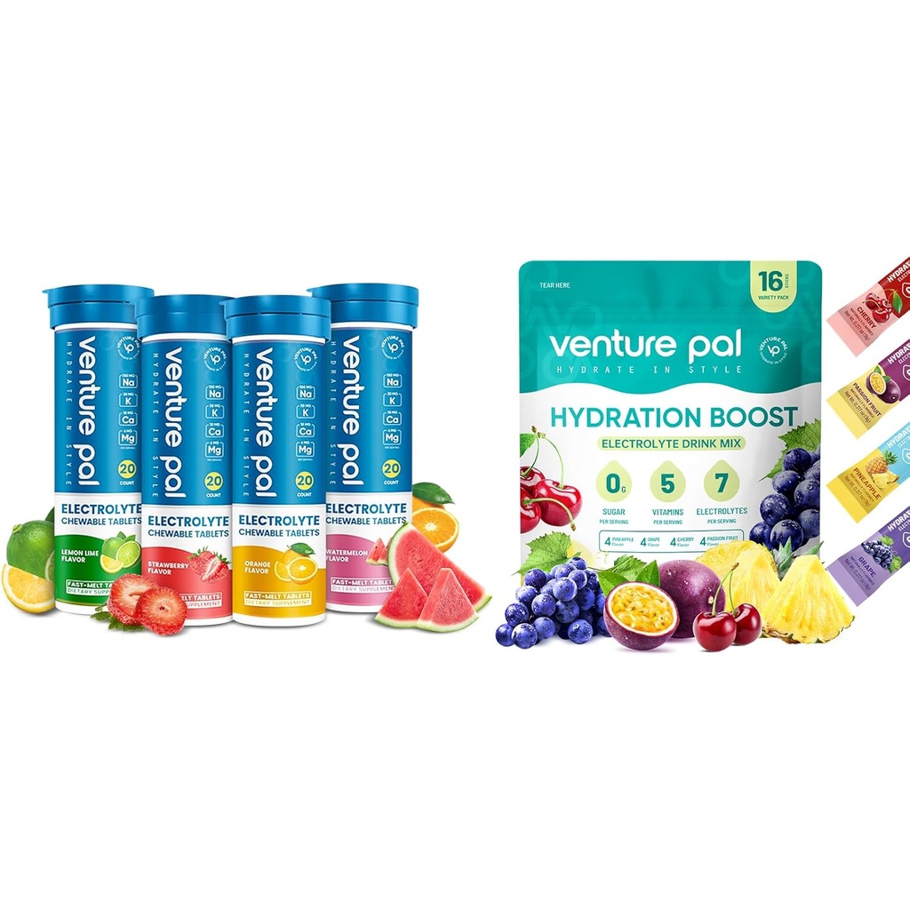 Venture Pal Sugar Free Electrolyte Powder Packets & Chewable Tablas de electrolito rápido, Electrolito deportivo para correr Ciclismo Deportivo Nutrición...