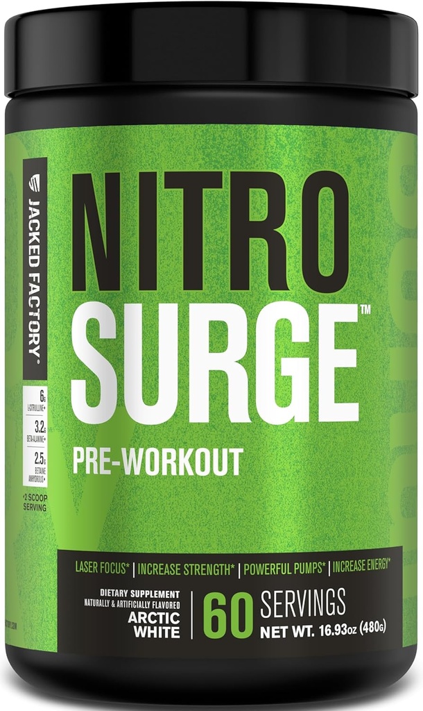 Fábrica de Jacked NITROSURGE Pre Workout Supplement - Endless Energy, Instant Strength Gains, Clear Focus, Intense Pumps - NO Booster & Powerful Preworkout Energy Powder - 60 Servings, Arctic White
