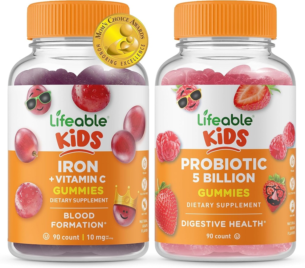 Hierro salvavidas & Vitamina C Niños + Probióticos 5 millones de niños, Gummies Bundle - Gran Tasting, Suplemento de vitamina, Gluten Gratis, GMO Gratis, Chewable Gummy