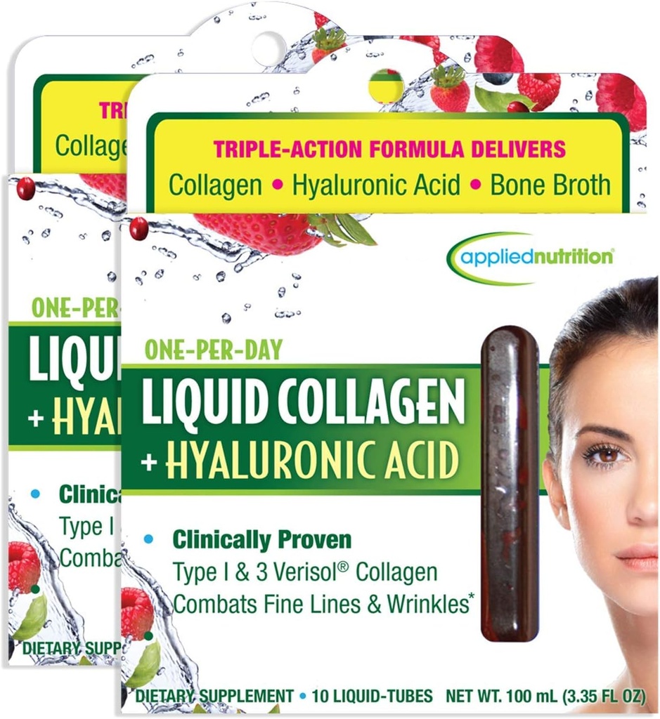 Nutrición aplicada Collagen líquido + ácido hialurónico - 10 tubos líquidos, paquete de 2 - Restauración de uñas y piel - Sabor de Berry mixto - 20 servicios