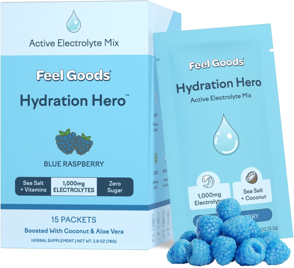 Siente los bienes Hidratación Héroe, 1000 mg Electrolitos Polvo, Sugar Gratis, Magnesio, Aloe Ecológico Vera, L Theanine, Vitamina C & B12, Keto, Vegan, Packets de electrolito, Blue Raspberry, 15 Conde