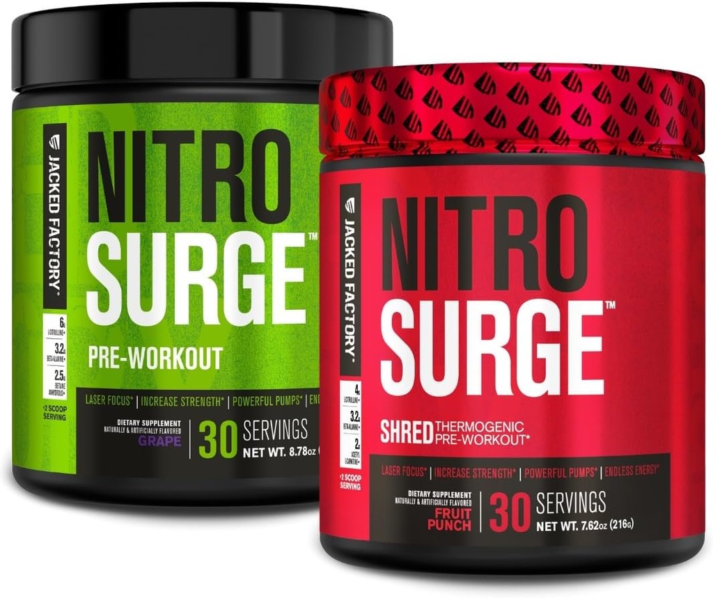Nitrosurge Pre-Workout Jacked Factory en Grape & Fruit Punch Nitrosurge Shred Thermogenic Pre-Workout for Men & Women