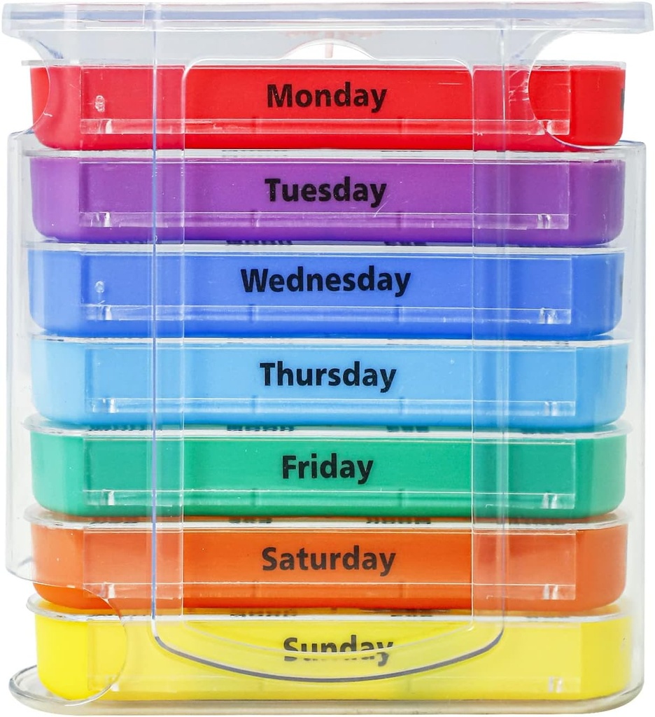 Organizador semanal de píldoras para 1 día 4 veces de suministro, dispensador de píldoras fijas de 7 días Vitaminas Containers (Rainbow)