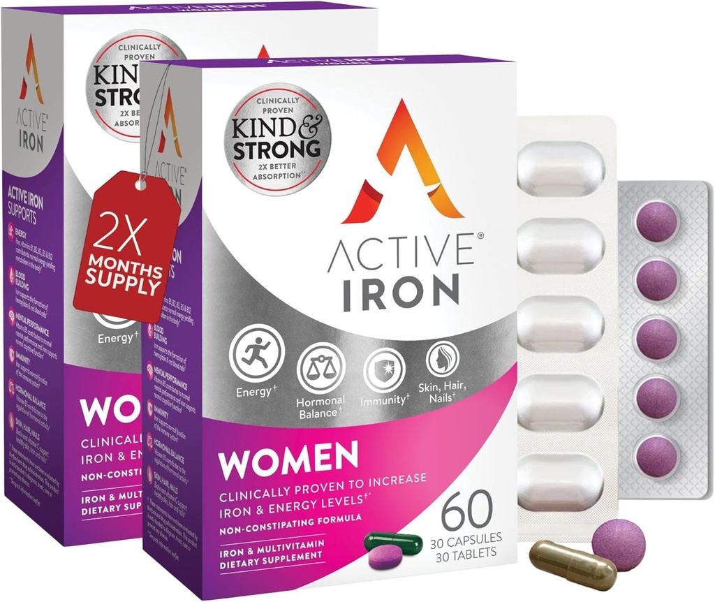 Suplemento activo de hierro 25 mg + multivitamínico para mujeres – Probado clínicamente para aumentar la energía " Reducir la resistencia – suave, no exigente Hierro + Mujer Multivitamina – 60 cápsulas + 60 tablas