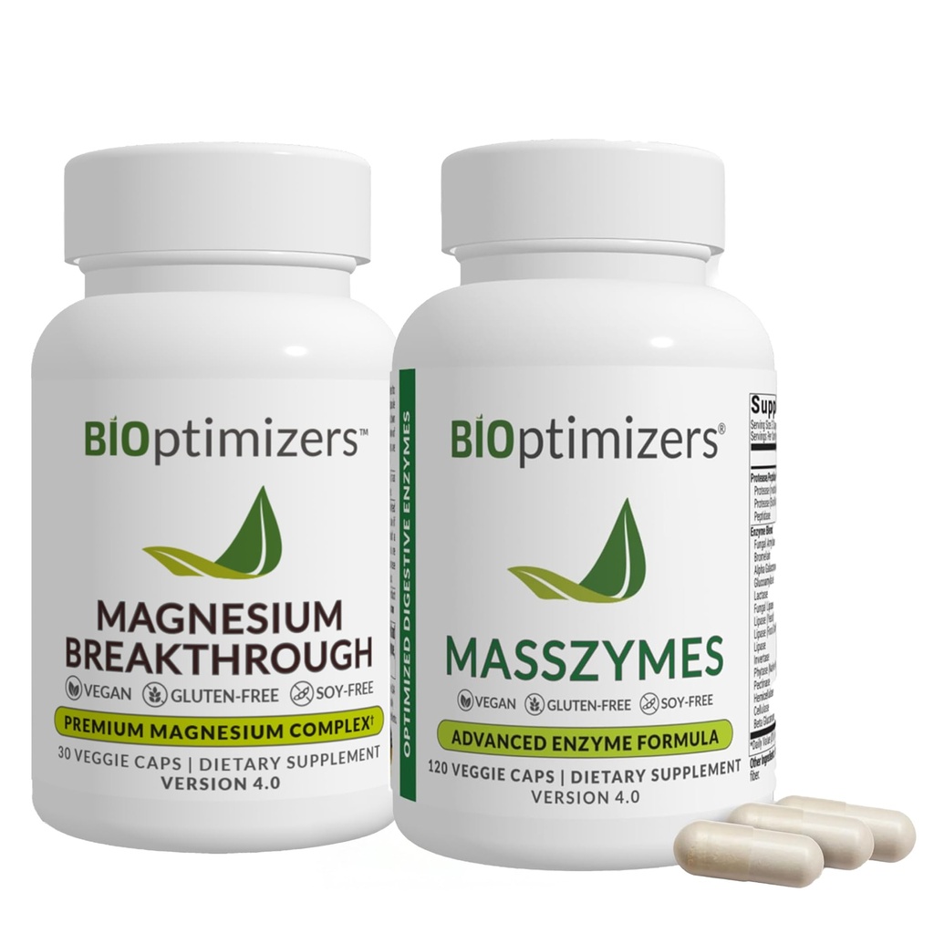BiOptimizers Magnesium Breakthrough 4.0, (30 cápsulas) & MassZymes 4.0, (120 cápsulas) - Natural Sleep, Brain, y Digestive Health Support Suplemento Bundle