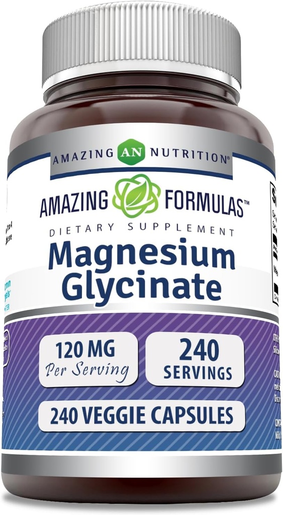 Fórmulas increíbles Magnesium (Glycinate) 120 mg Por Servir Suplemento Silencio Veggie Capsules Silencio con Magnesium Glycinate Silencio No-GMO Silencio Gluten Gratis (240 Conteo)