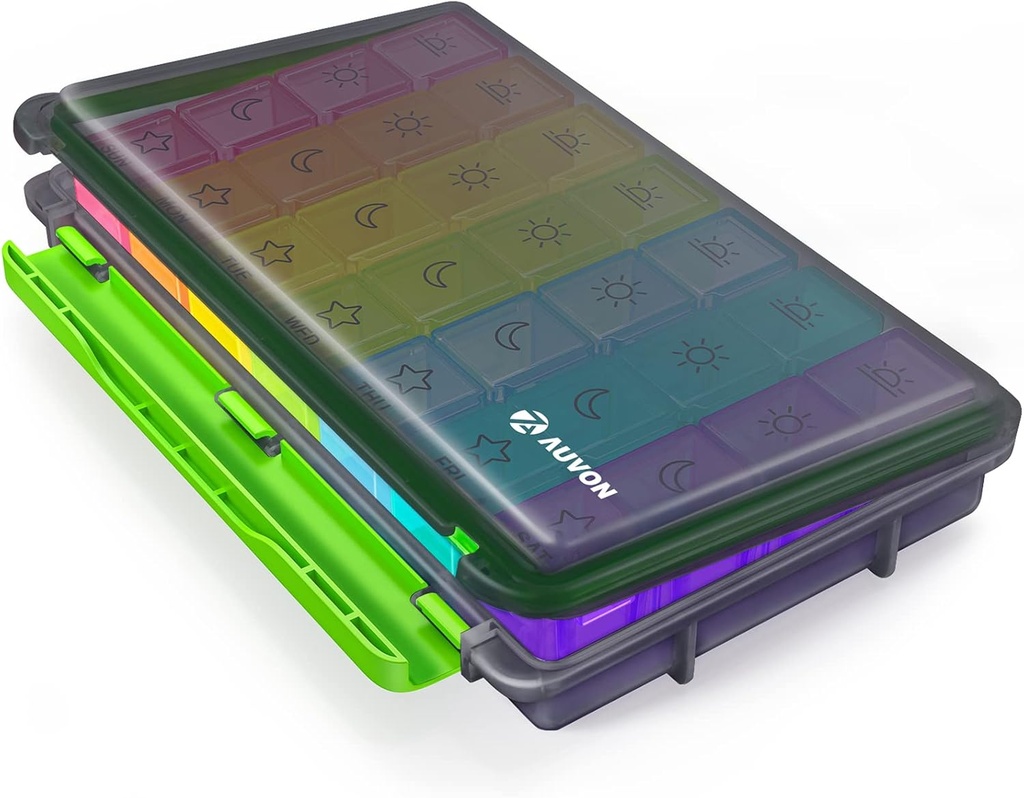 AUVON iMedassist Moisture-Proof Weekly Pill Organizer 4 veces al día, gran caja de 7 días con diseño portátil para viajes, contenedores individuales extraíbles tienen vitaminas, suplementos, medicamentos