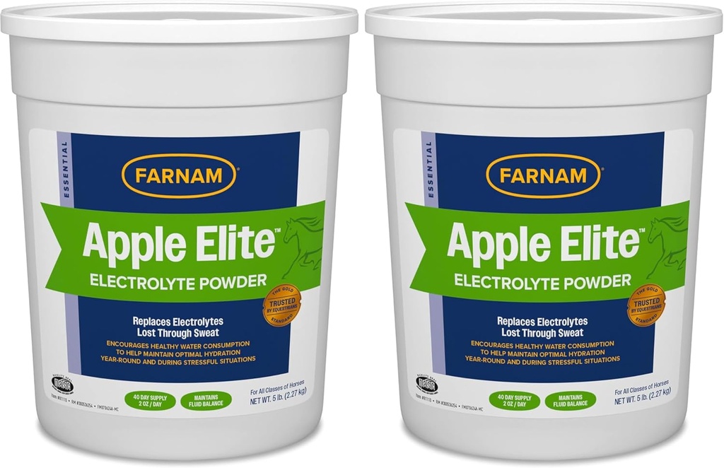 Farnam Manzana Elite Horse Electrolyte Powder, reemplaza minerales perdidos en sudor durante el ejercicio, Tiempo extremo y condiciones difíciles, 5 lb., 40 Day Supply (Pack of 2)