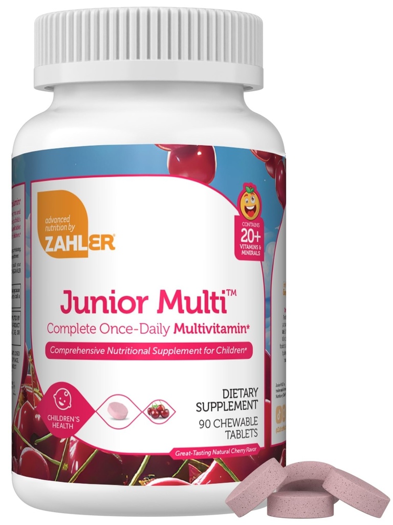 Zahler Kids Multivitamin Chewable Vitamin Tablet - Complete One Daily Vitamins Suplemento - Contiene 20+ Minerales & Vitaminas para niños y niños pequeños - Kosher Multivitamínicos Cherry Flavor (90)
