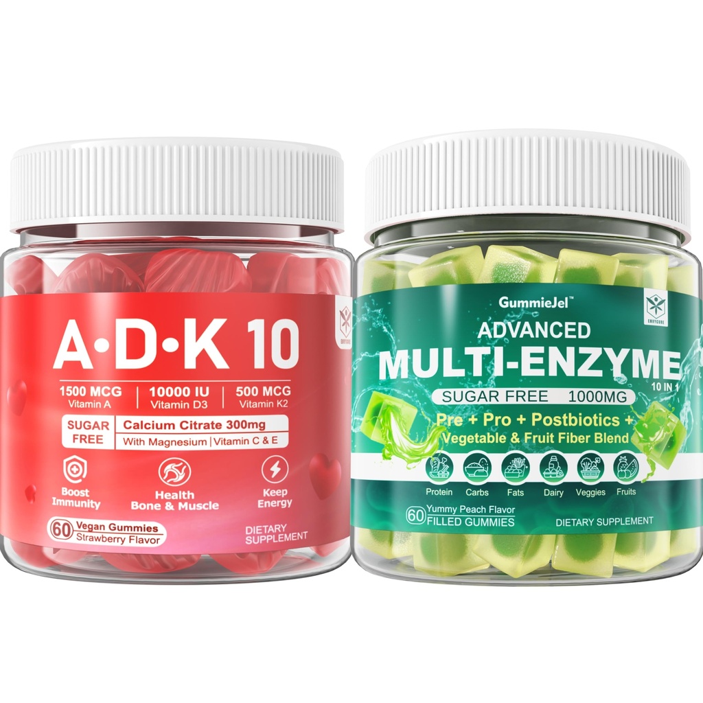 Digestive Enzymes Gummies 1000mg Chewable - Break Down Food Quickly, 90 Billion CFU, Probiotic, Postbiotic, Prebiotic & Fiber Blend & Vitamin ADK Gummies + Calcium Magnesium Zinc Supplement
