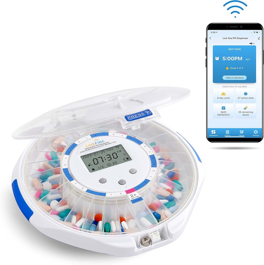 Live Fine Smart WiFi Dispensador automático de píldoras Lid Clear tención 28-Day Medication Organizer Hasta 9 dosis por día para el monitoreo de cuidado con llave de bloqueo, Alarmas de luz/sonido para las recetas & vitaminas