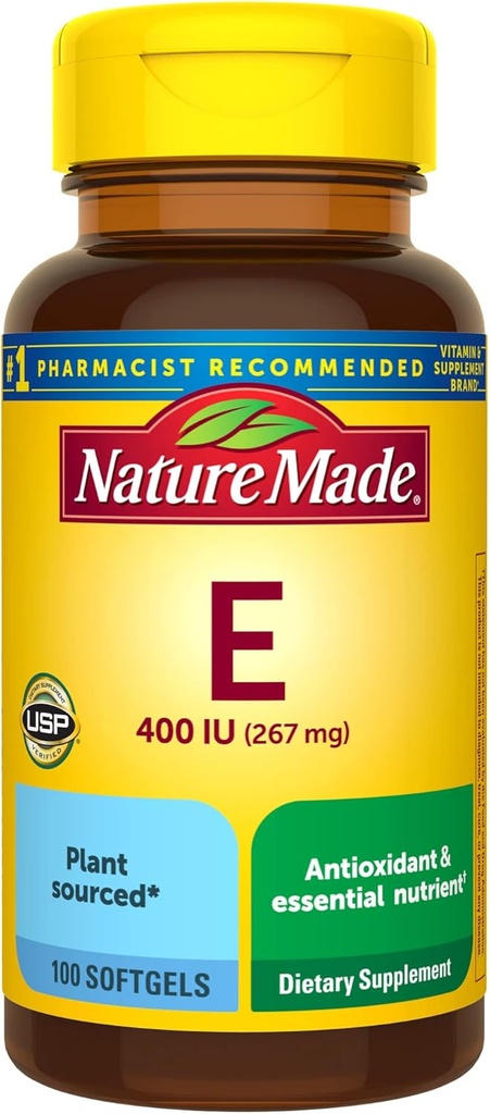Nature Made Vitamina E 267 mg (400 UI) d-Alpha, Suplemento dietético para soporte antioxidante, 100 Softgels, 100 Day Supply